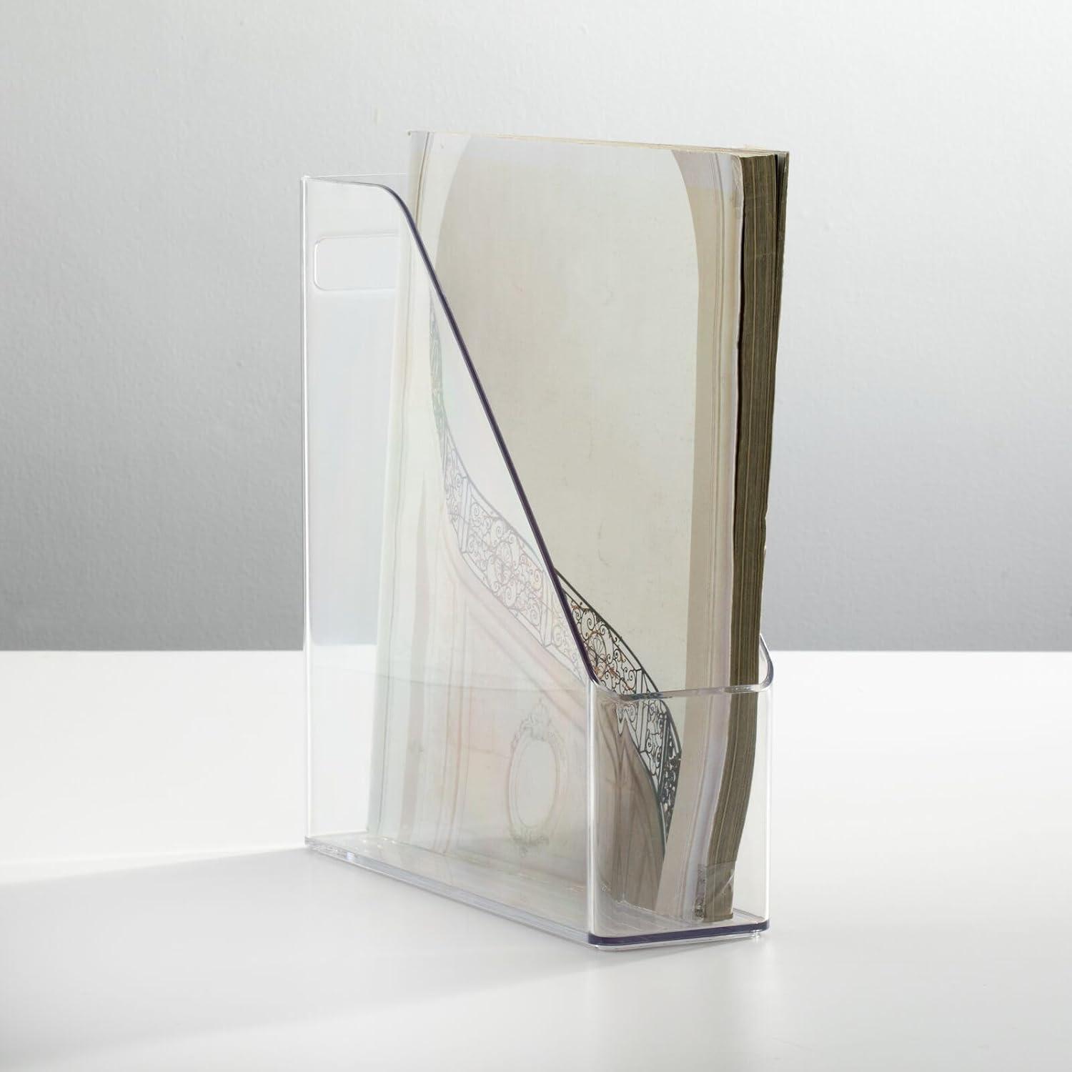 imagemDesign Plastic Slim Vertical File Folder Storage Organizer Bin with Handle  Hold Notebooks Binders Envelopes Magazines for Home Office Work Desktops Ligne Collection Clear