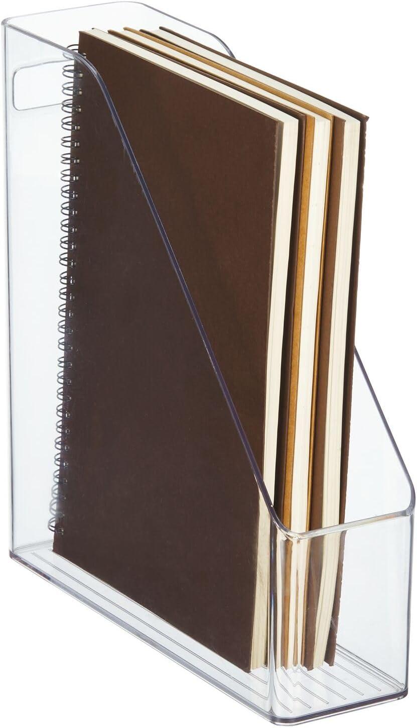 imagemDesign Plastic Slim Vertical File Folder Storage Organizer Bin with Handle  Hold Notebooks Binders Envelopes Magazines for Home Office Work Desktops Ligne Collection Clear