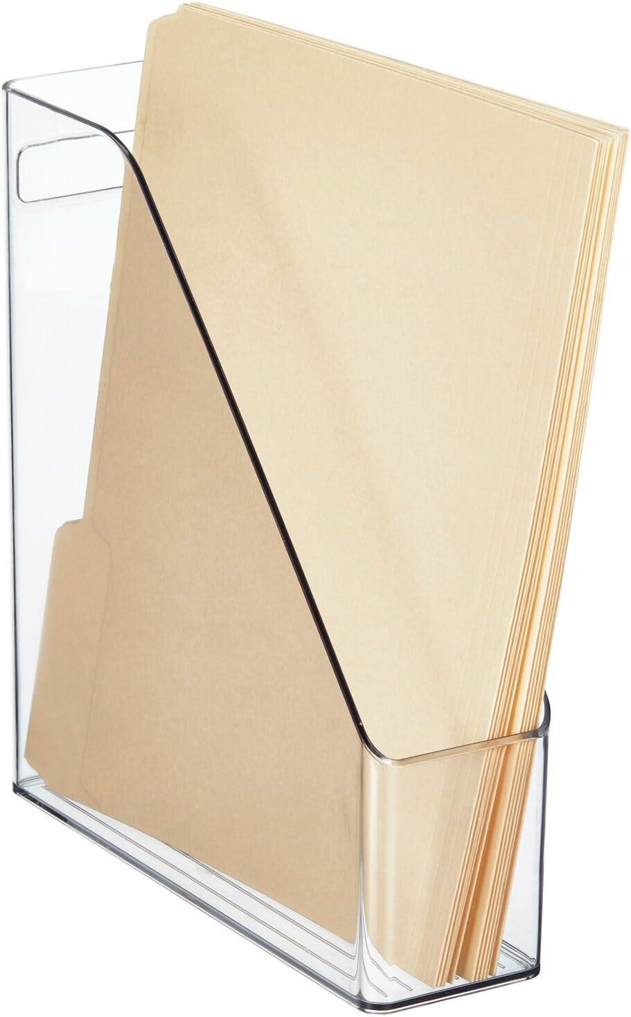 imagemDesign Plastic Slim Vertical File Folder Storage Organizer Bin with Handle  Hold Notebooks Binders Envelopes Magazines for Home Office Work Desktops Ligne Collection Clear