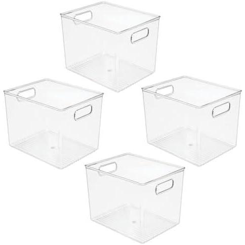 imagemDesign Plastic Tall Food Storage Organization Container Bin with Handles for Kitchen Pantry Cabinet FridgeFreezer Countertop  Organizer for SnacksAppliances Ligne Collection 4 Pack Clear10 x 8 x 8 Pack of 4