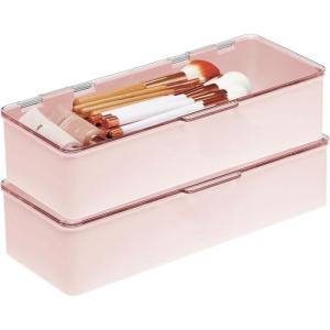 imagemDesign Long Plastic Cosmetic Storage Organizer Box Containers with Hinged Lid for Bedroom Bathroom Vanity Shelf or Cabinet Holds Masks Palettes Lotion or Nail Polish 2 Pack  Light PinkClear