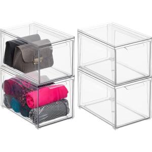 imagemDesign Plastic Closet Organizer Bin wPull Out Drawer  Shallow Stackable Storage for Closet  Organization for Shoes Clothes Bags Totes and Small Linens  Lumiere Collection  Clear8 x 12 x 8 Pack of 4