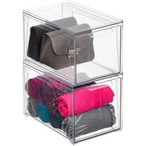 imagemDesign Plastic Closet Organizer Bin wPull Out Drawer  Shallow Stackable Storage for Closet  Organization for Shoes Clothes Bags Totes and Small Linens  Lumiere Collection  Clear8 x 12 x 8 Pack of 2