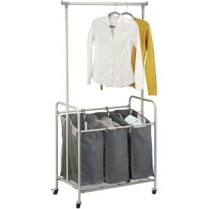 imagemDesign Portable Laundry Sorter with Wheels and Garment Hanging Bar  Heavy Duty Metal Cart System with 3 Hamper Laundry Sorter Basket Organizers and Drying Rack  SatinDark Charcoal GraySatinCharcoal
