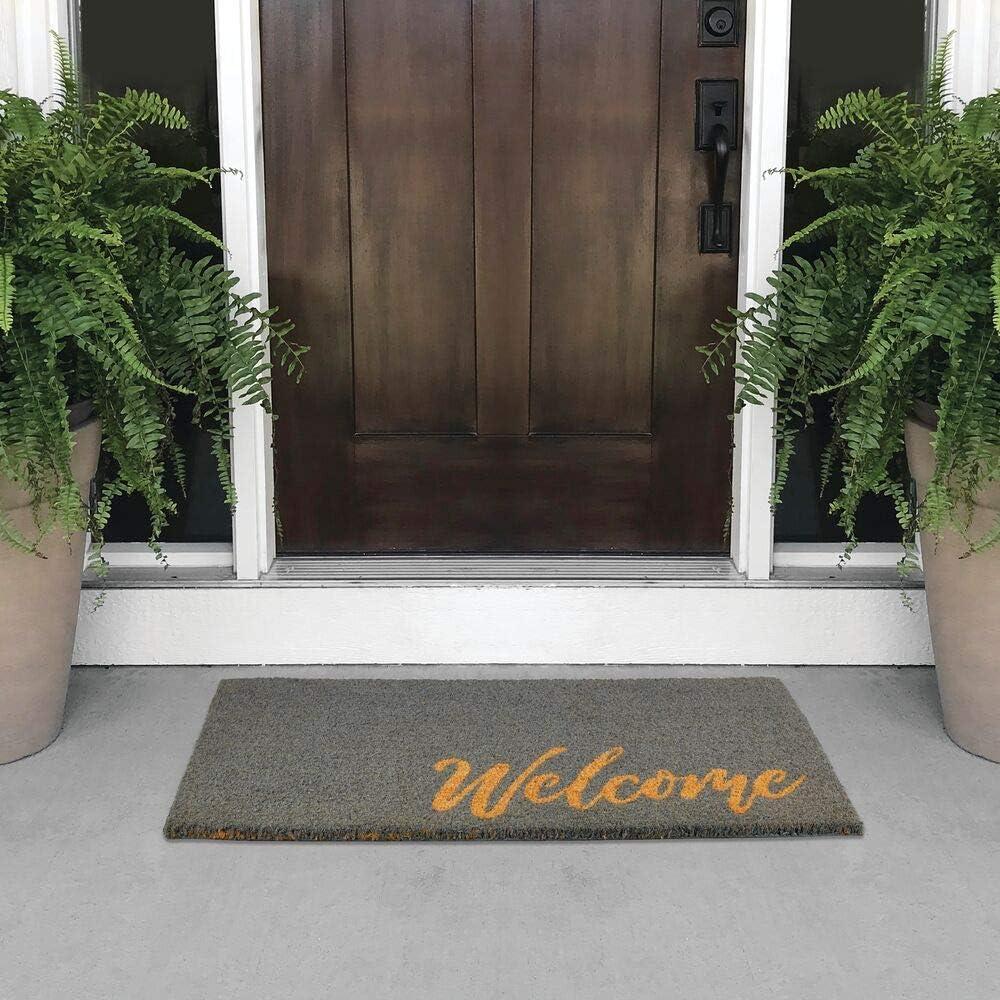 imagemDesign Rectangular Coir and Rubber Entryway Welcome Doormat with Natural Fibers for Indoor or Outdoor Use  Decorative Tree Design  Minimalistic Design  BlackWhiteGrey Cursive Welcome