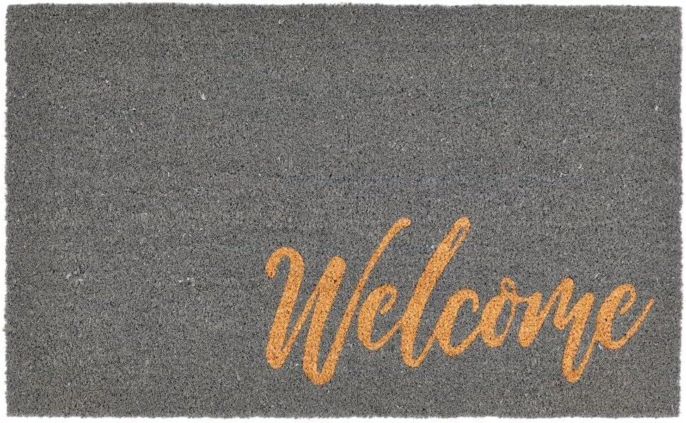 imagemDesign Rectangular Coir and Rubber Entryway Welcome Doormat with Natural Fibers for Indoor or Outdoor Use  Decorative Tree Design  Minimalistic Design  BlackWhiteGrey Cursive Welcome