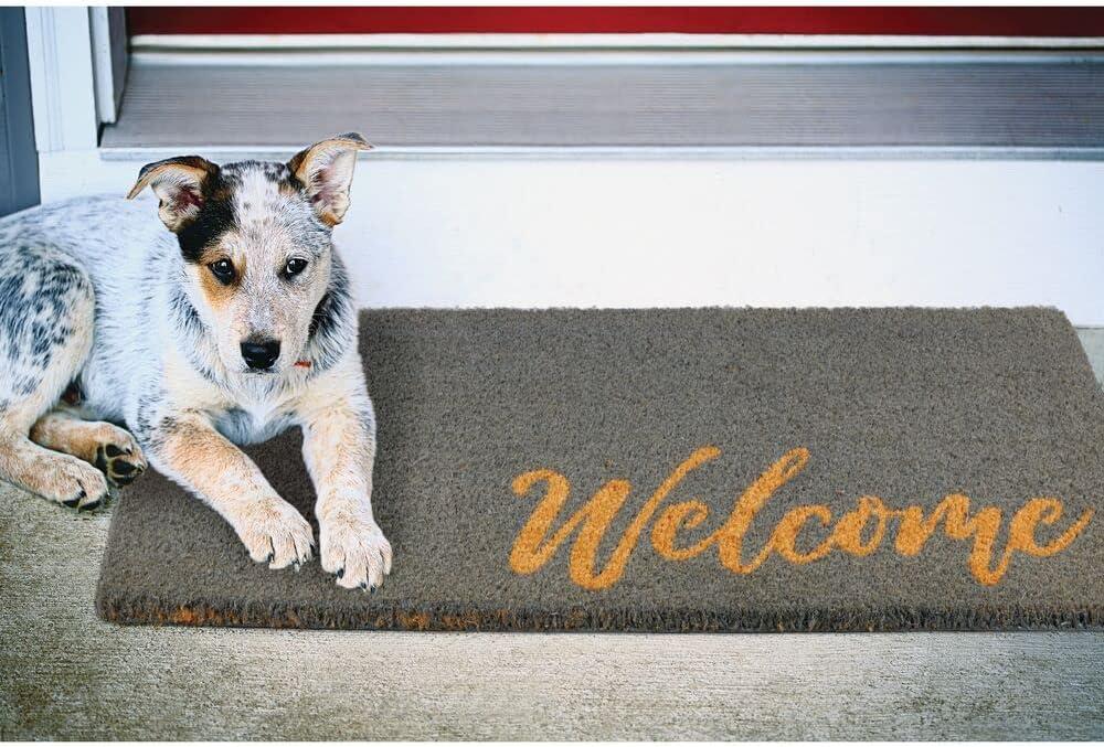 imagemDesign Rectangular Coir and Rubber Entryway Welcome Doormat with Natural Fibers for Indoor or Outdoor Use  Decorative Tree Design  Minimalistic Design  BlackWhiteGrey Cursive Welcome