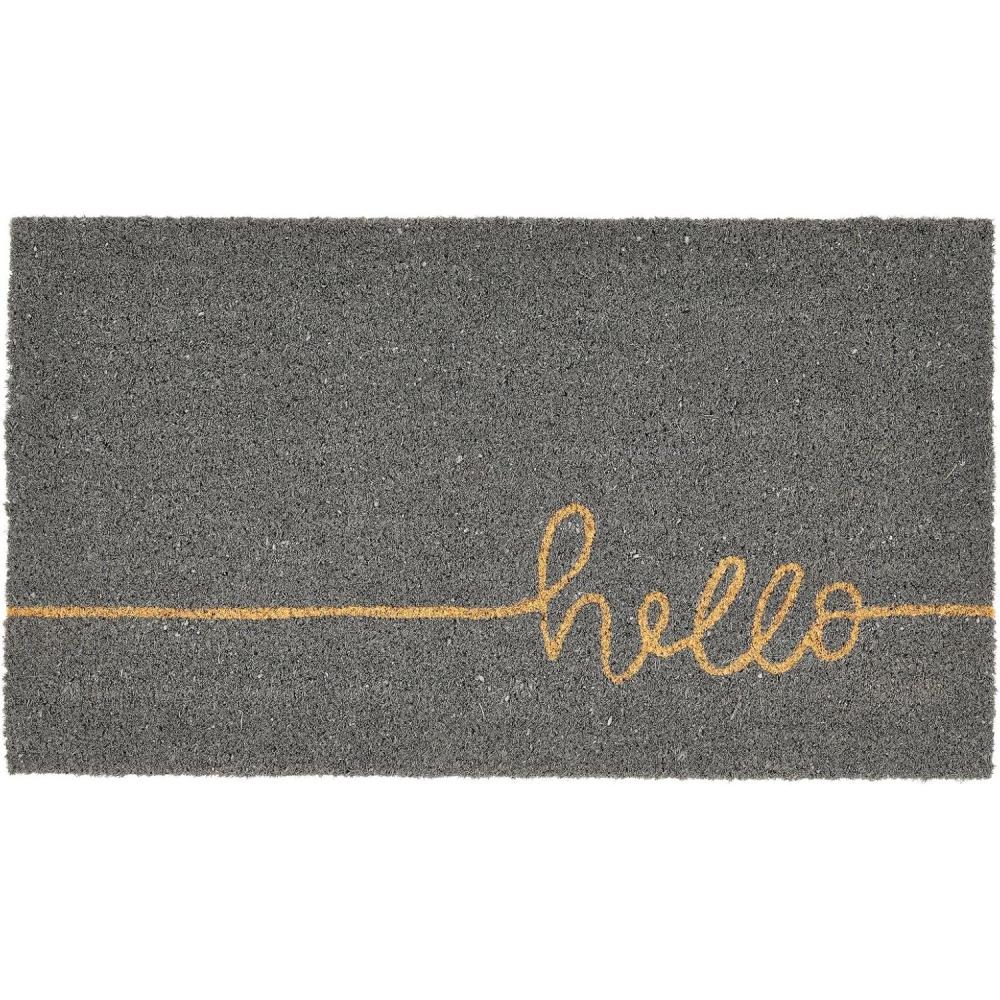 imagemDesign Rectangular Coir and Rubber Entryway Welcome Doormat with Natural Fibers for Indoor or Outdoor Use  Decorative Tree Design  Minimalistic Design  BlackWhiteGrey Line Cursive Hello