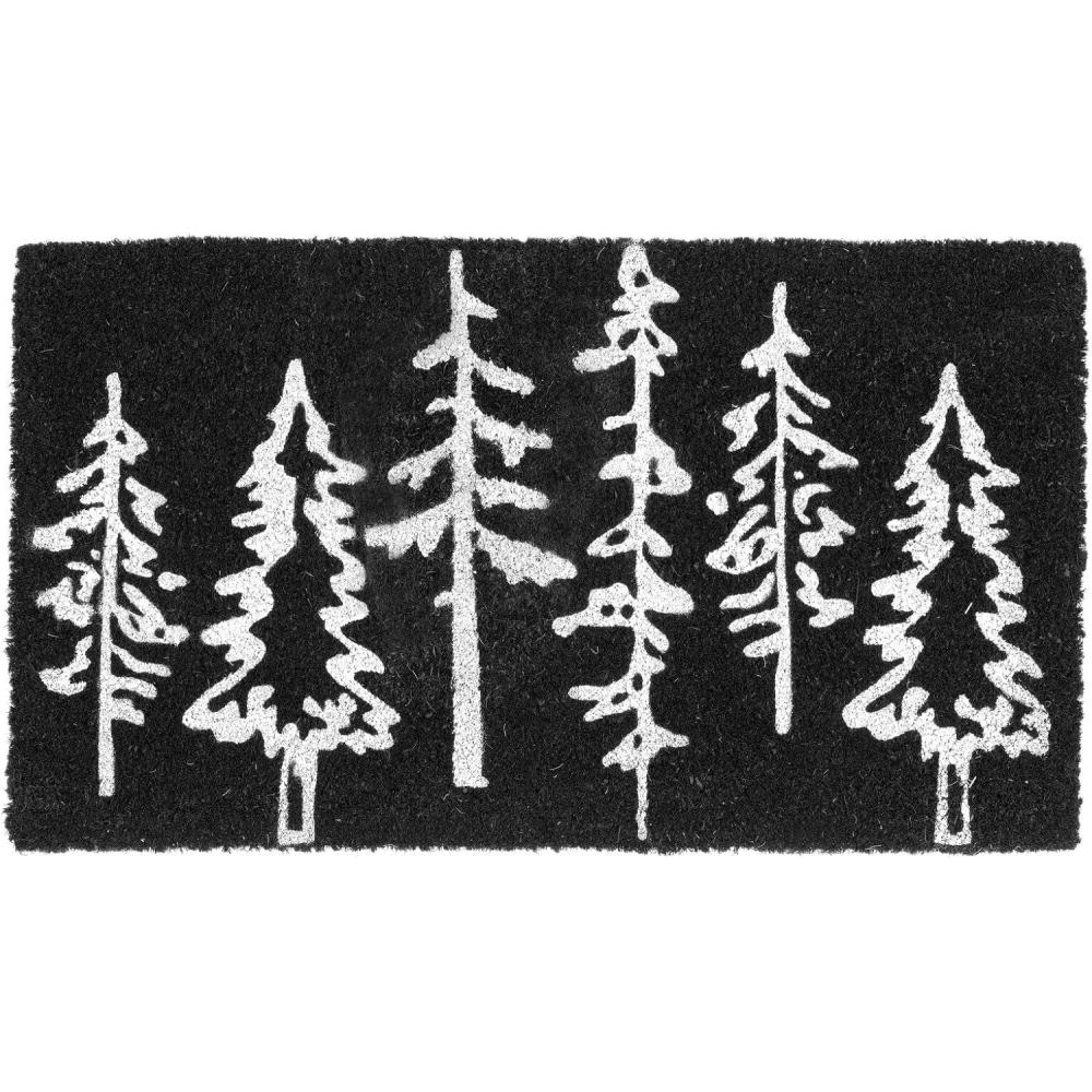 imagemDesign Rectangular Coir and Rubber Entryway Welcome Doormat with Natural Fibers for Indoor or Outdoor Use  Decorative Tree Design  Minimalistic Design  BlackWhiteBlack Trees