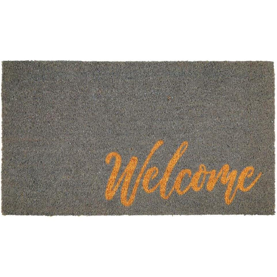 imagemDesign Rectangular Coir and Rubber Entryway Welcome Doormat with Natural Fibers for Indoor or Outdoor Use  Decorative Tree Design  Minimalistic Design  BlackWhiteGrey Cursive Welcome