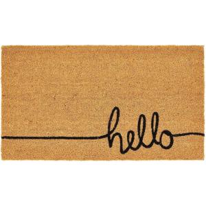 imagemDesign Rectangular Coir and Rubber Entryway Doormat with Natural Fibers for Indoor or Outdoor Use  Neutral Design  Stripe Border  Minimalistic NaturalBlackNatural Line Cursive Hello