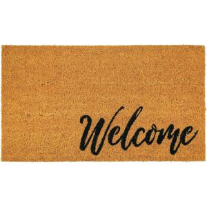 imagemDesign Rectangular Coir and Rubber Entryway Doormat with Natural Fibers for Indoor or Outdoor Use  Neutral Design  Stripe Border  Minimalistic NaturalBlackNatural Cursive Welcome