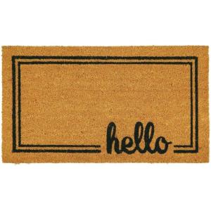 imagemDesign Rectangular Coir and Rubber Entryway Doormat with Natural Fibers for Indoor or Outdoor Use  Neutral Design  Stripe Border  Minimalistic NaturalBlackNatural Border Hello