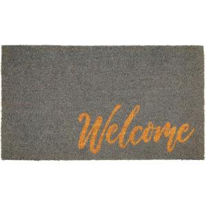 imagemDesign Rectangular Coir and Rubber Entryway Welcome Doormat with Natural Fibers for Indoor or Outdoor Use  Decorative Tree Design  Minimalistic Design  BlackWhiteGrey Cursive Welcome