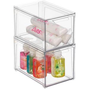 imagemDesign Plastic Stackable Bathroom Storage Organizer Bin Containers with Front Pull Drawer for Bathroom Countertop Vanity Closet Shelves  Holder for Beauty Accessories  Lumiere Collection  Clear8 x 12 x 8 Pack of 2