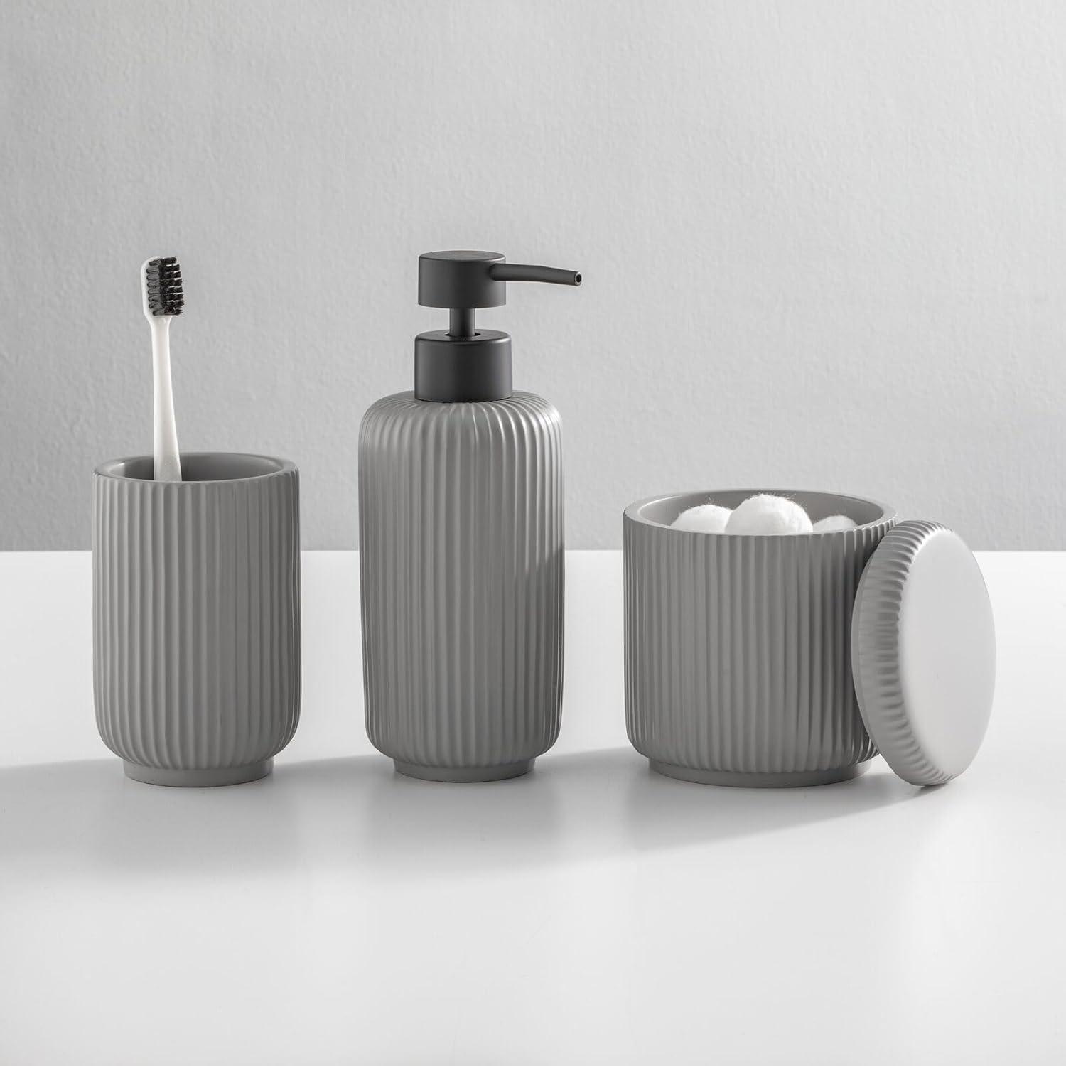 imagemDesign Fluted Resin 3Piece Bathroom Vanity Countertop Accessories  Soap Dispenser Tumbler Rinsing Cup and Canister Holder Sets  Complete Modern Counter Aesthetic  Set of 3  Gray