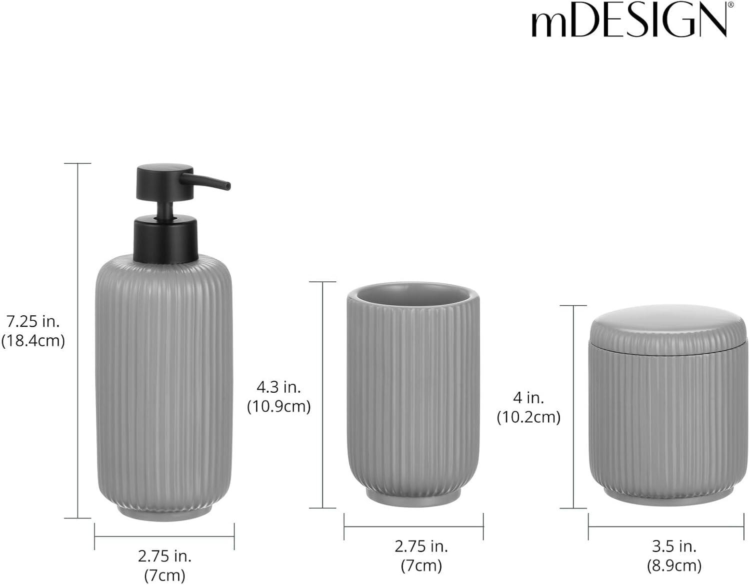 imagemDesign Fluted Resin 3Piece Bathroom Vanity Countertop Accessories  Soap Dispenser Tumbler Rinsing Cup and Canister Holder Sets  Complete Modern Counter Aesthetic  Set of 3  Gray