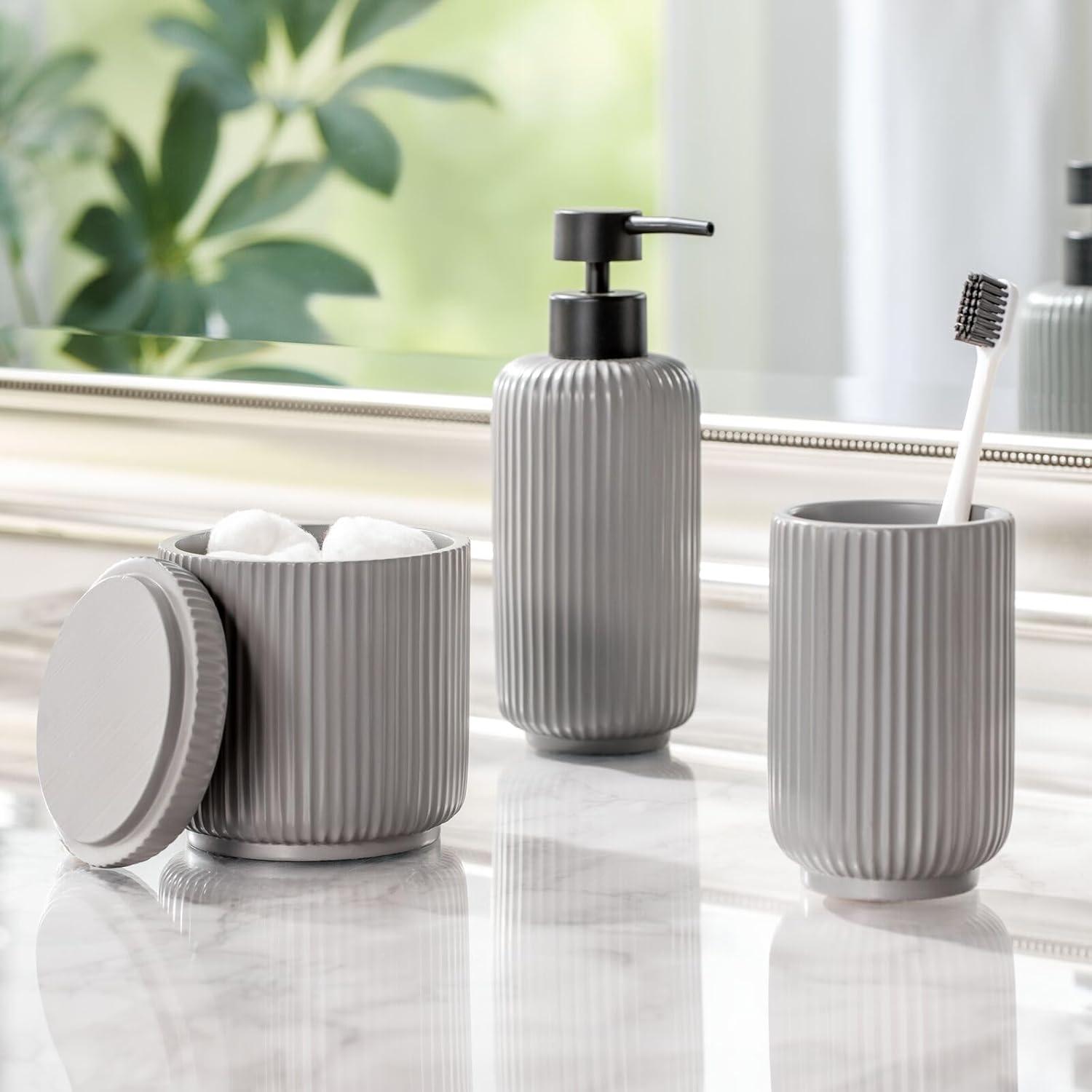 imagemDesign Fluted Resin 3Piece Bathroom Vanity Countertop Accessories  Soap Dispenser Tumbler Rinsing Cup and Canister Holder Sets  Complete Modern Counter Aesthetic  Set of 3  Gray