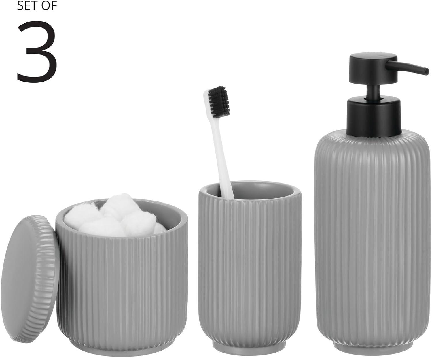 imagemDesign Fluted Resin 3Piece Bathroom Vanity Countertop Accessories  Soap Dispenser Tumbler Rinsing Cup and Canister Holder Sets  Complete Modern Counter Aesthetic  Set of 3  Gray