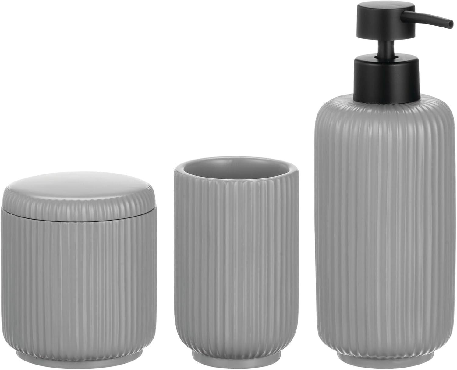 imagemDesign Fluted Resin 3Piece Bathroom Vanity Countertop Accessories  Soap Dispenser Tumbler Rinsing Cup and Canister Holder Sets  Complete Modern Counter Aesthetic  Set of 3  Gray