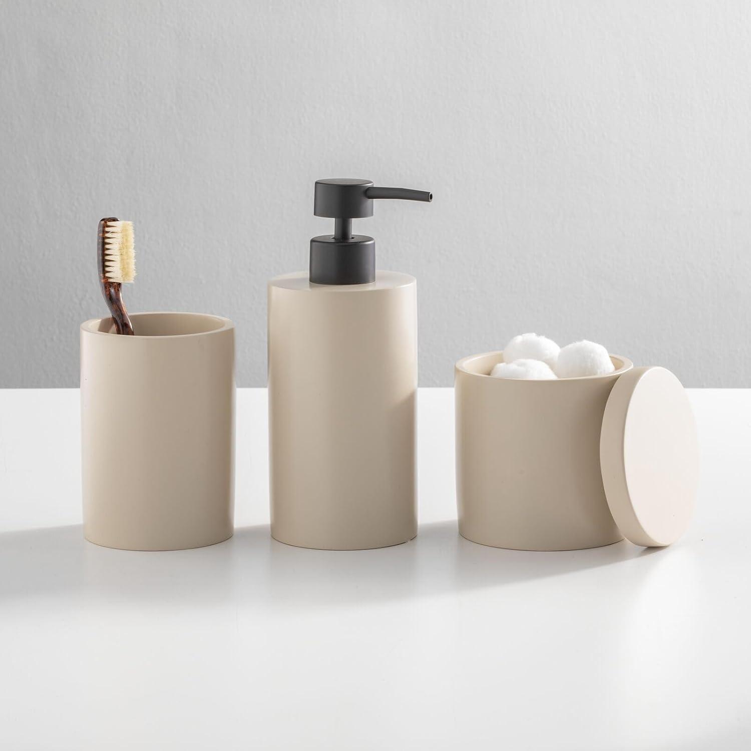 imagemDesign Printed Resin 3Piece Bathroom Vanity Countertop Accessories  Soap Dispenser Tumbler Rinsing Cup and Canister Holder Sets  Complete Modern Counter Aesthetic  Set of 3  MarbleTaupe