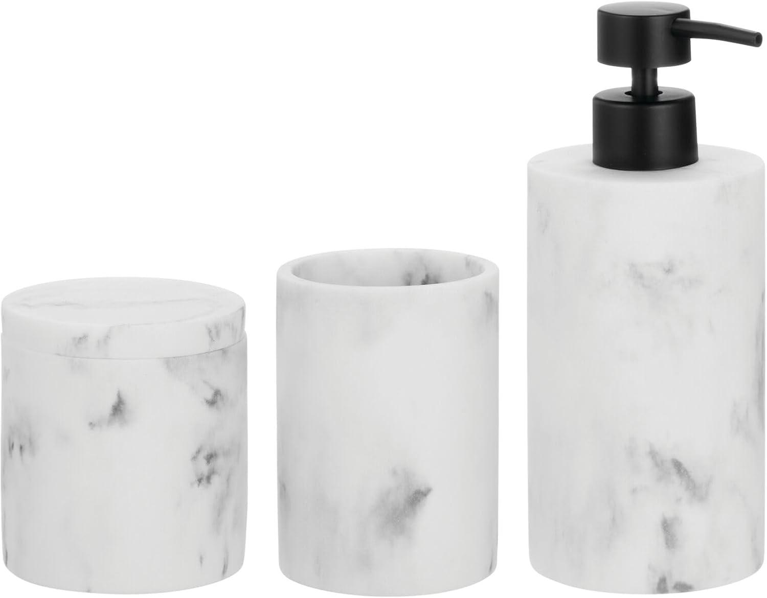 imagemDesign Printed Resin 3Piece Bathroom Vanity Countertop Accessories  Soap Dispenser Tumbler Rinsing Cup and Canister Holder Sets  Complete Modern Counter Aesthetic  Set of 3  MarbleMarble
