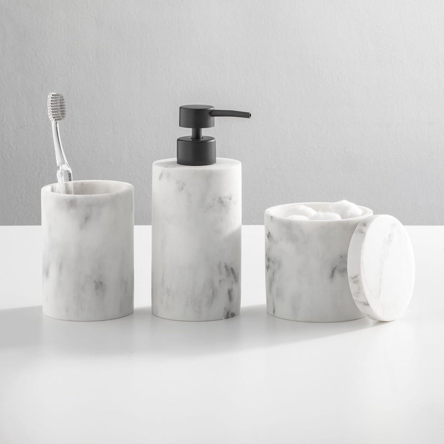 imagemDesign Printed Resin 3Piece Bathroom Vanity Countertop Accessories  Soap Dispenser Tumbler Rinsing Cup and Canister Holder Sets  Complete Modern Counter Aesthetic  Set of 3  MarbleMarble