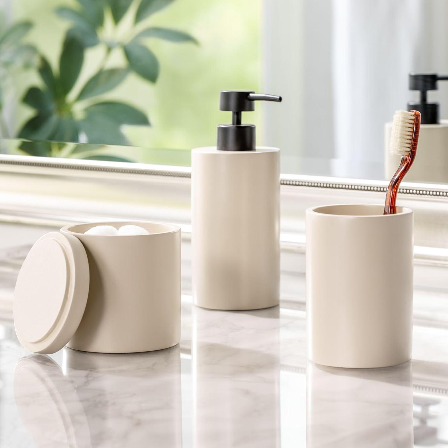 imagemDesign Printed Resin 3Piece Bathroom Vanity Countertop Accessories  Soap Dispenser Tumbler Rinsing Cup and Canister Holder Sets  Complete Modern Counter Aesthetic  Set of 3  MarbleTaupe