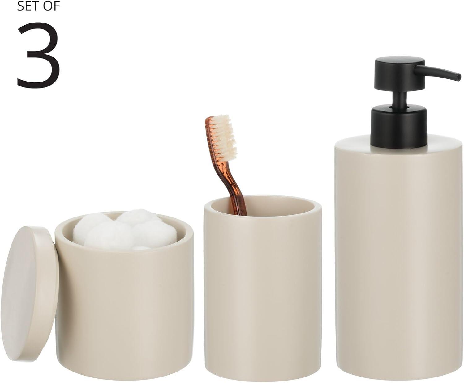 imagemDesign Printed Resin 3Piece Bathroom Vanity Countertop Accessories  Soap Dispenser Tumbler Rinsing Cup and Canister Holder Sets  Complete Modern Counter Aesthetic  Set of 3  MarbleTaupe