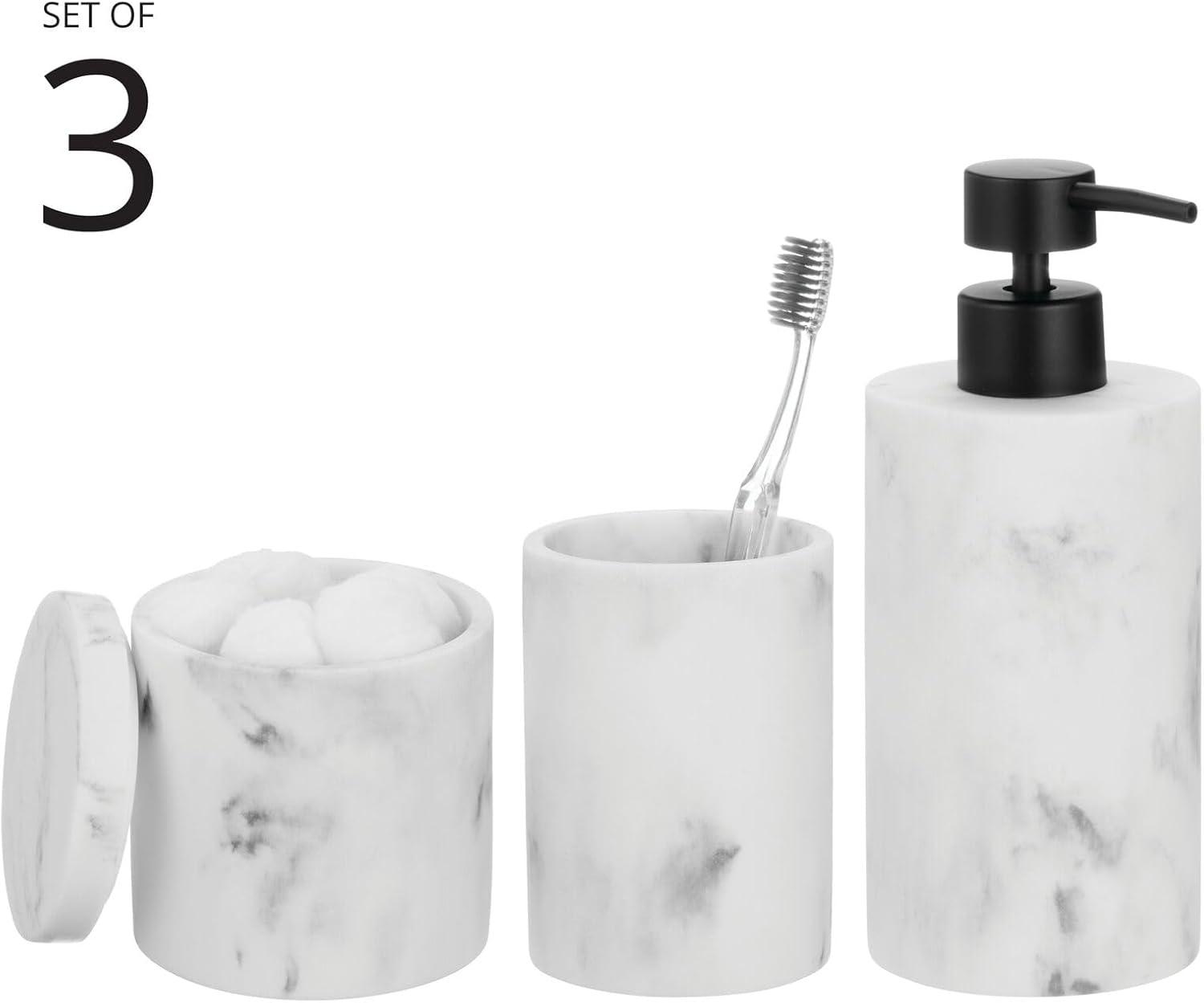 imagemDesign Printed Resin 3Piece Bathroom Vanity Countertop Accessories  Soap Dispenser Tumbler Rinsing Cup and Canister Holder Sets  Complete Modern Counter Aesthetic  Set of 3  MarbleMarble