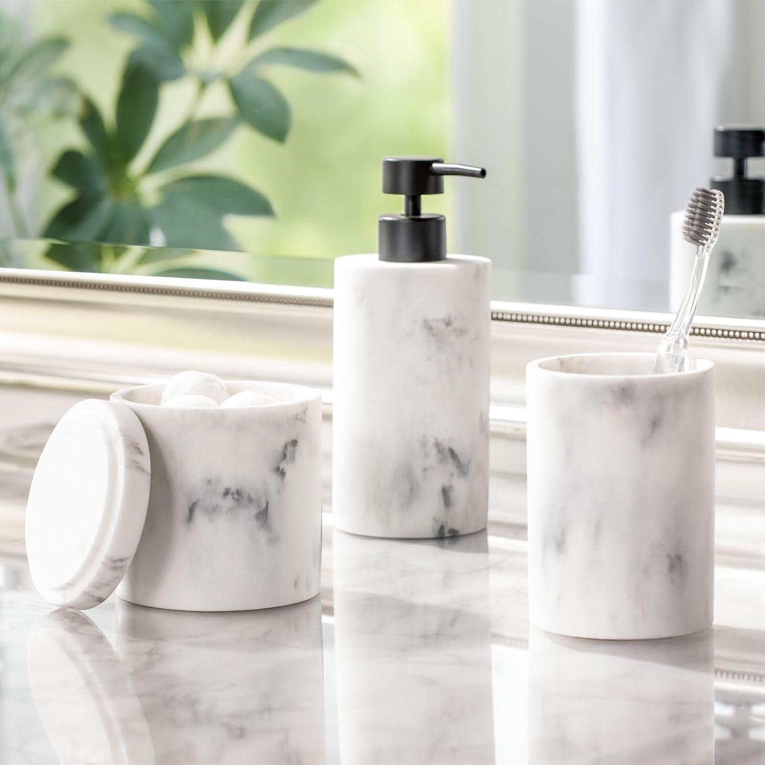 imagemDesign Printed Resin 3Piece Bathroom Vanity Countertop Accessories  Soap Dispenser Tumbler Rinsing Cup and Canister Holder Sets  Complete Modern Counter Aesthetic  Set of 3  MarbleMarble