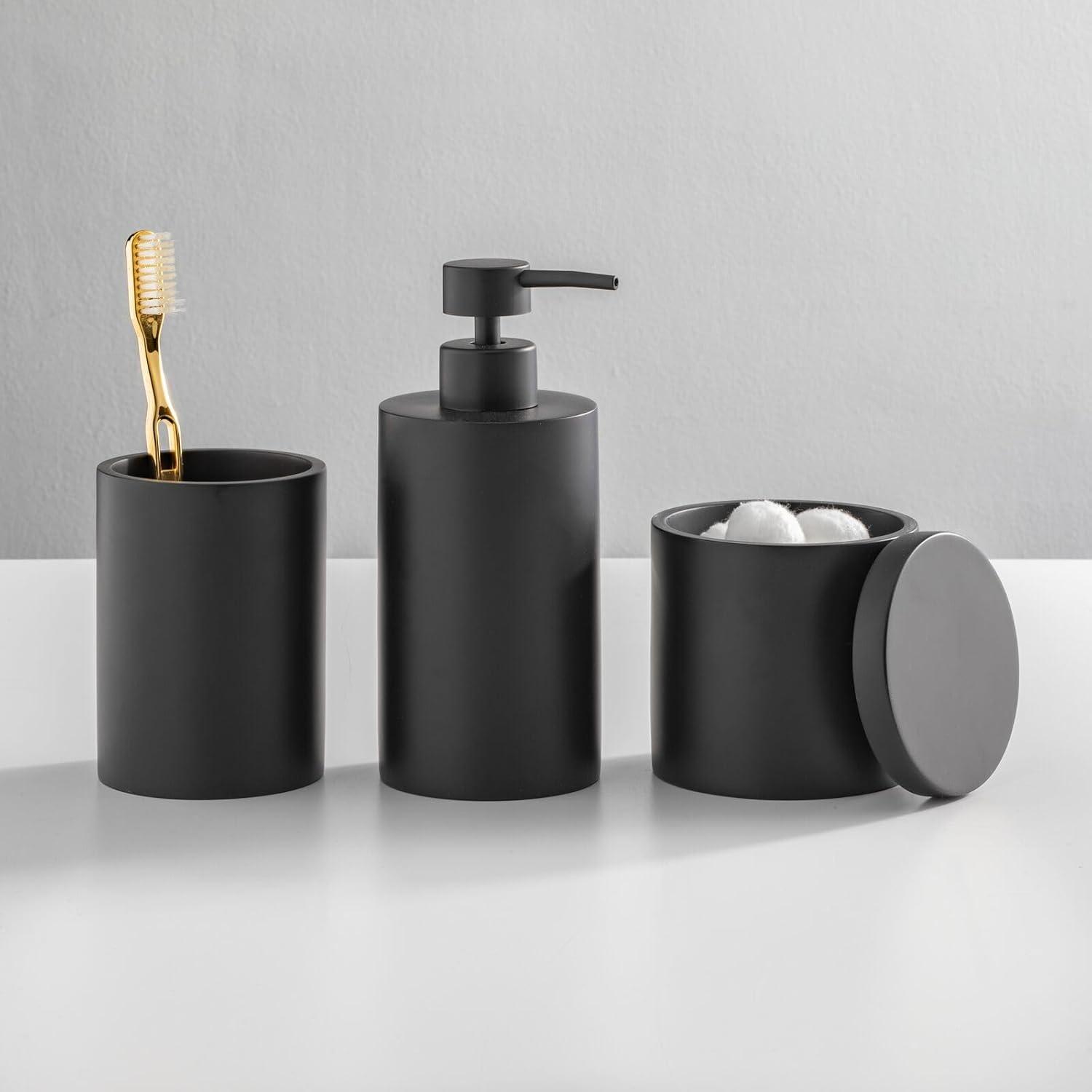 imagemDesign Printed Resin 3Piece Bathroom Vanity Countertop Accessories  Soap Dispenser Tumbler Rinsing Cup and Canister Holder Sets  Complete Modern Counter Aesthetic  Set of 3  MarbleBlack