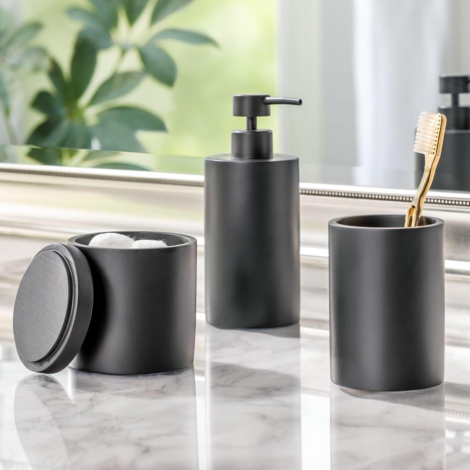 imagemDesign Printed Resin 3Piece Bathroom Vanity Countertop Accessories  Soap Dispenser Tumbler Rinsing Cup and Canister Holder Sets  Complete Modern Counter Aesthetic  Set of 3  MarbleBlack