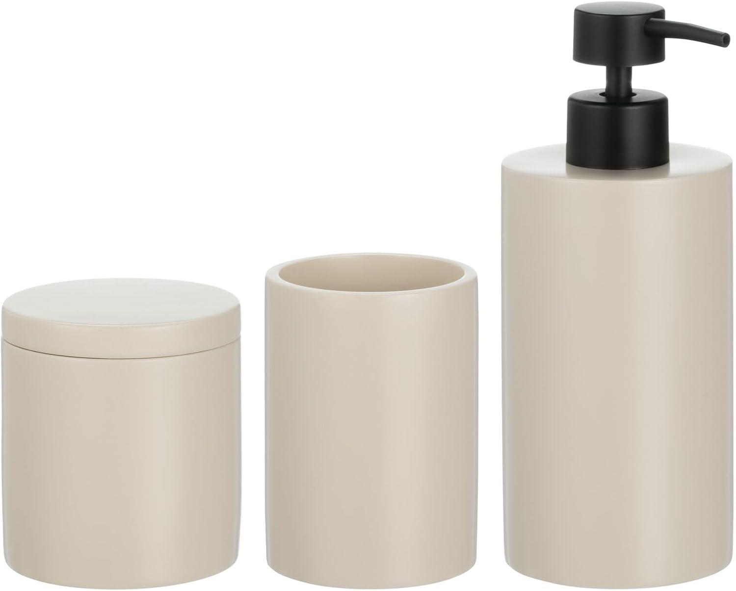imagemDesign Printed Resin 3Piece Bathroom Vanity Countertop Accessories  Soap Dispenser Tumbler Rinsing Cup and Canister Holder Sets  Complete Modern Counter Aesthetic  Set of 3  MarbleTaupe