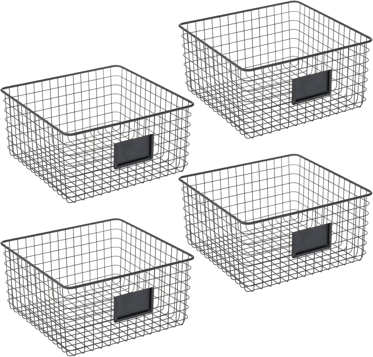 imagemDesign Square Steel Wired Storage Organizer Bin Baskets with Label Slot for Kitchen Pantry Cabinet Organizing Holder for Food Drinks Snacks Produce Omaha Collection 4 Pack Matte BlackMatte Black