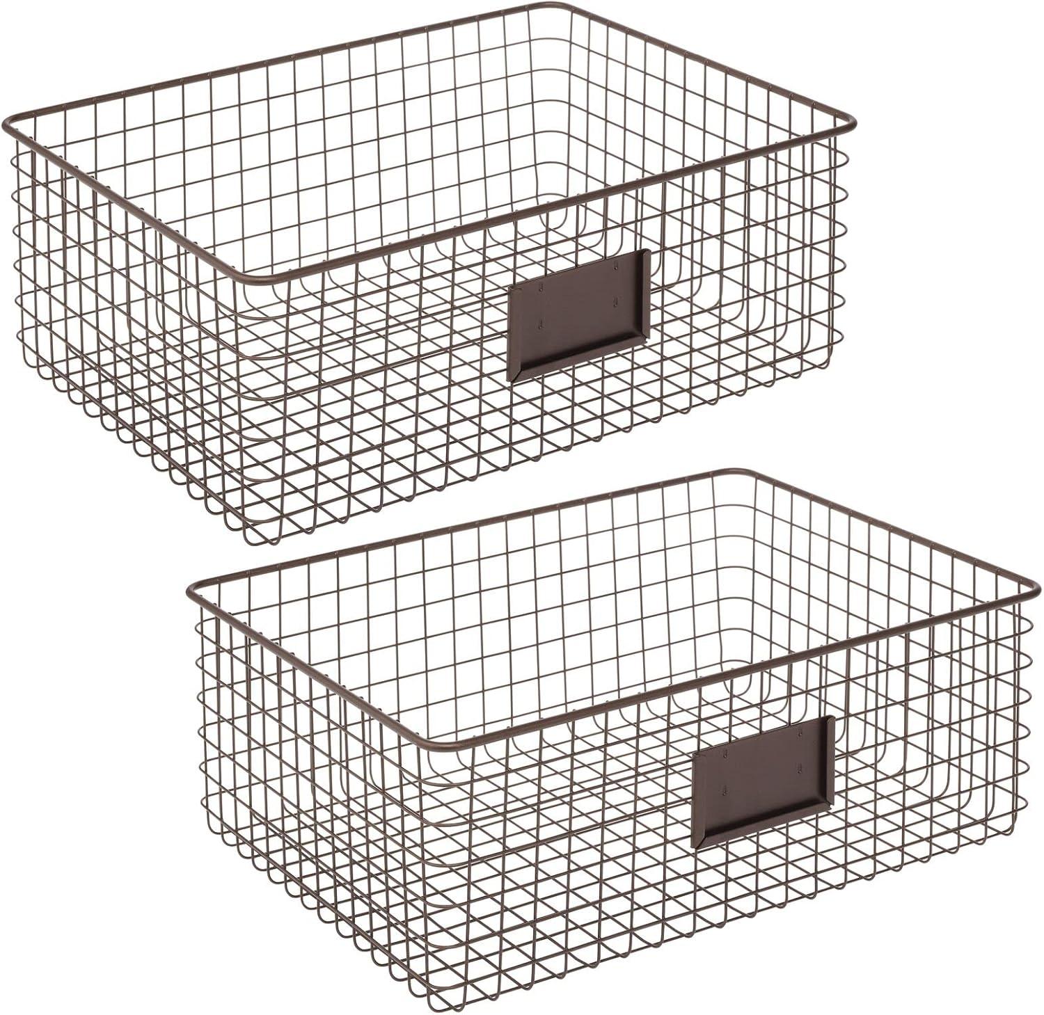 imagemDesign Wide Steel Wired Storage Organizer Bin Baskets with Label Slot for Kitchen Pantry Cabinet Organizing Holder for Food Drinks Snacks Produce Omaha Collection 2 Pack BronzeBronze