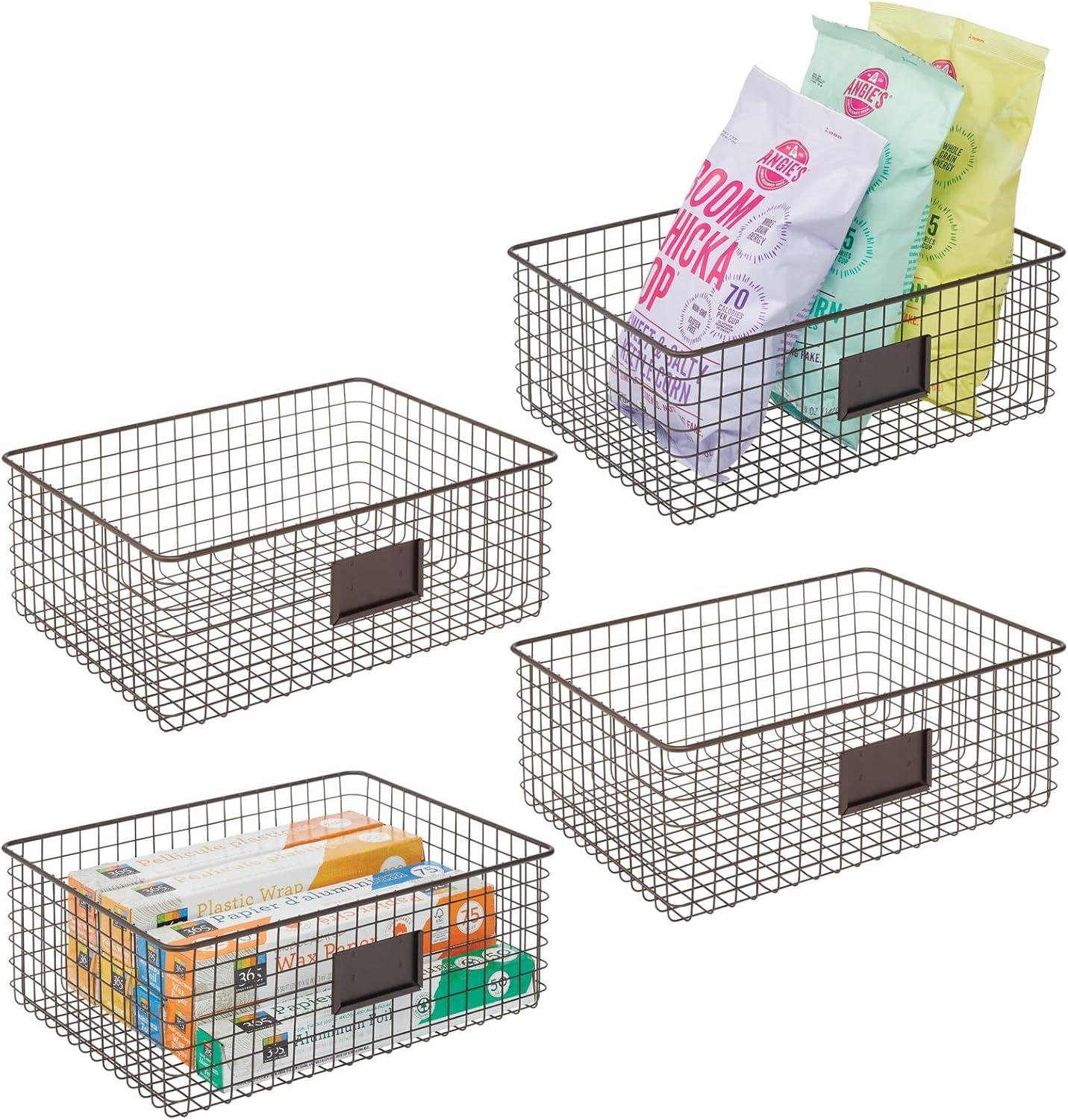 imagemDesign Wide Steel Wired Storage Organizer Bin Baskets with Label Slot for Kitchen Pantry Cabinet Organizing Holder for Food Drinks Snacks Produce Omaha Collection 2 Pack BronzeBronze