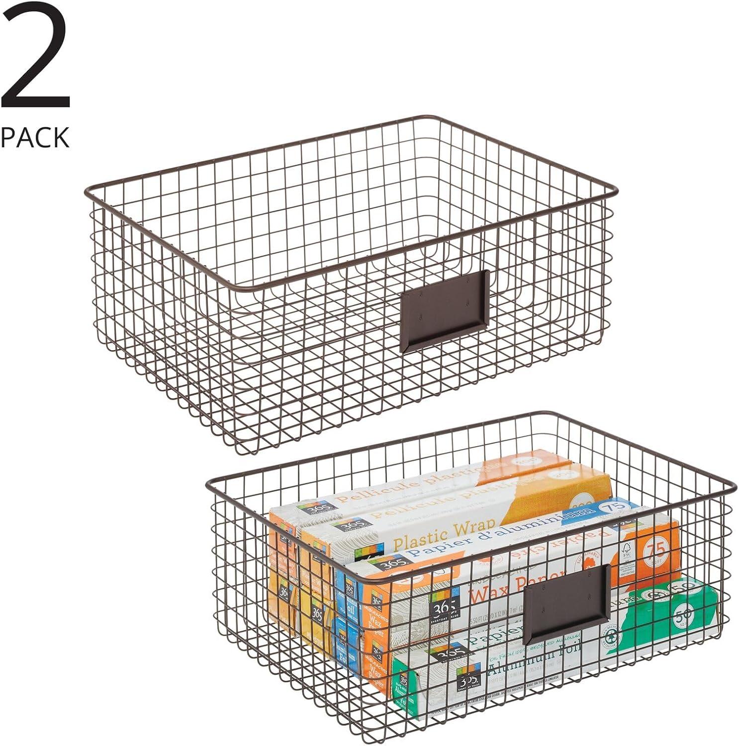 imagemDesign Wide Steel Wired Storage Organizer Bin Baskets with Label Slot for Kitchen Pantry Cabinet Organizing Holder for Food Drinks Snacks Produce Omaha Collection 2 Pack BronzeBronze