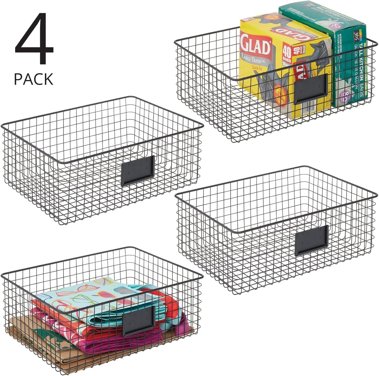 imagemDesign Wide Steel Wired Storage Organizer Bin Baskets with Label Slot for Kitchen Pantry Cabinet Organizing Holder for Food Drinks Snacks Produce Omaha Collection 2 Pack BronzeMatte Black