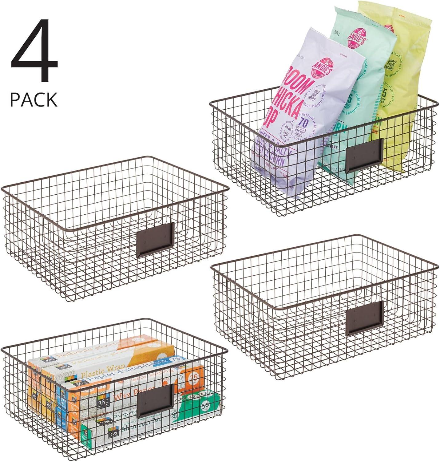 imagemDesign Wide Steel Wired Storage Organizer Bin Baskets with Label Slot for Kitchen Pantry Cabinet Organizing Holder for Food Drinks Snacks Produce Omaha Collection 2 Pack BronzeBronze