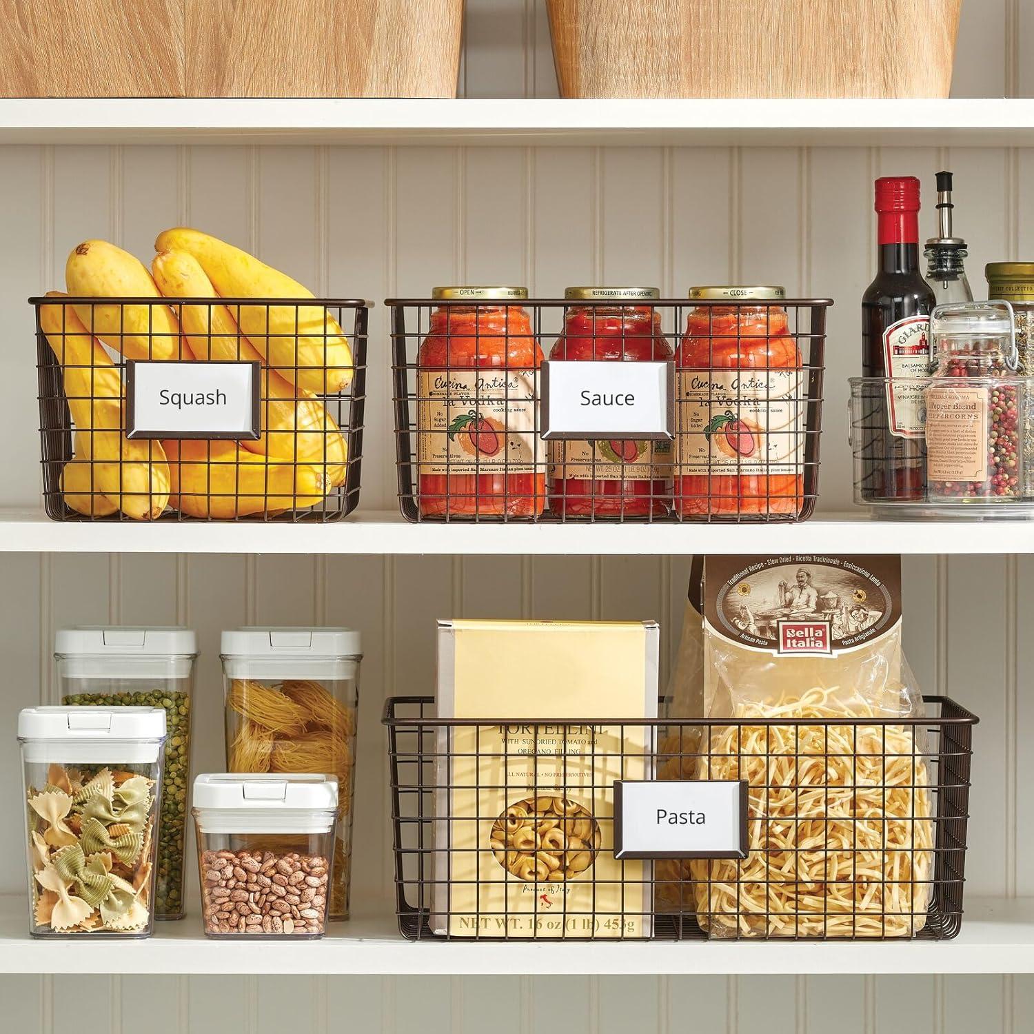 imagemDesign Wide Steel Wired Storage Organizer Bin Baskets with Label Slot for Kitchen Pantry Cabinet Organizing Holder for Food Drinks Snacks Produce Omaha Collection 2 Pack BronzeBronze