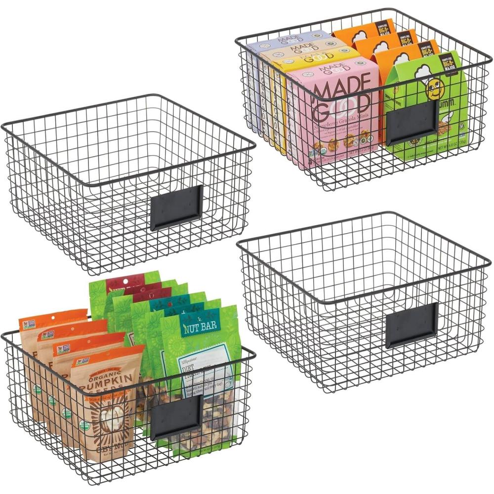 imagemDesign Square Steel Wired Storage Organizer Bin Baskets with Label Slot for Kitchen Pantry Cabinet Organizing Holder for Food Drinks Snacks Produce Omaha Collection 4 Pack Matte BlackMatte Black