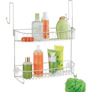 imagemDesign Extra Wide Metal Wire Over the Bathroom Shower Door Caddy Hanging Storage Organizer with BuiltIn Hooks and Baskets on 2 Levels for Shampoo Body Wash Loofahs Rust Resistant  SatinSatin