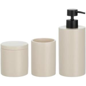 imagemDesign Printed Resin 3Piece Bathroom Vanity Countertop Accessories  Soap Dispenser Tumbler Rinsing Cup and Canister Holder Sets  Complete Modern Counter Aesthetic  Set of 3  MarbleTaupe