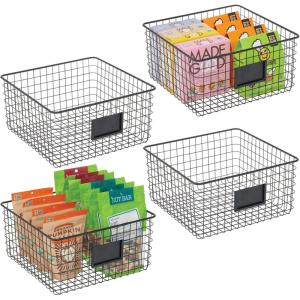 imagemDesign Square Steel Wired Storage Organizer Bin Baskets with Label Slot for Kitchen Pantry Cabinet Organizing Holder for Food Drinks Snacks Produce Omaha Collection 4 Pack Matte BlackMatte Black