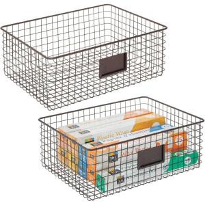 imagemDesign Wide Steel Wired Storage Organizer Bin Baskets with Label Slot for Kitchen Pantry Cabinet Organizing Holder for Food Drinks Snacks Produce Omaha Collection 2 Pack BronzeBronze