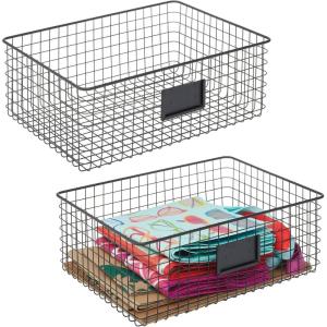 imagemDesign Wide Steel Wired Storage Organizer Bin Baskets with Label Slot for Kitchen Pantry Cabinet Organizing Holder for Food Drinks Snacks Produce Omaha Collection 2 Pack BronzeMatte Black