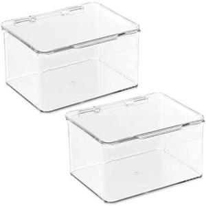 imagemDesign Plastic Kitchen Pantry and Fridge Storage Organizer Box Containers with Hinged Lid for Shelves or Cabinets Holds Food Snacks Canned Drinks Seasoning Condiments or Utensils 2 Pack Clear55 x 66 x 37