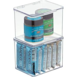 imagemDesign Plastic Kitchen Pantry and Fridge Storage Organizer Box Containers with Hinged Lid for Shelves or Cabinets Holds Food Snacks Canned Drinks Seasoning Condiments or Utensils 2 Pack Clear55 x 66 x 5