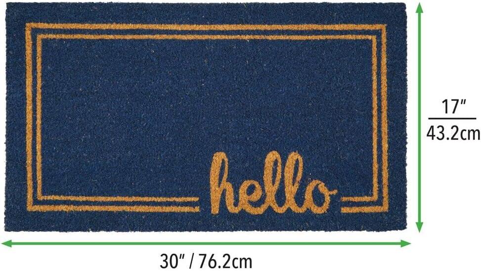 imagemDesign Rectangular Coir and Rubber Entryway Welcome Doormat with Natural Fibers for Indoor or Outdoor Use  Decorative Script Hello Design  Navy BlueNaturalNavy Border Hello